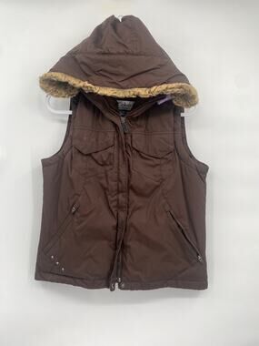 Columbia Brown Quilted Puffer Vest Faux Fur Hood L or XL